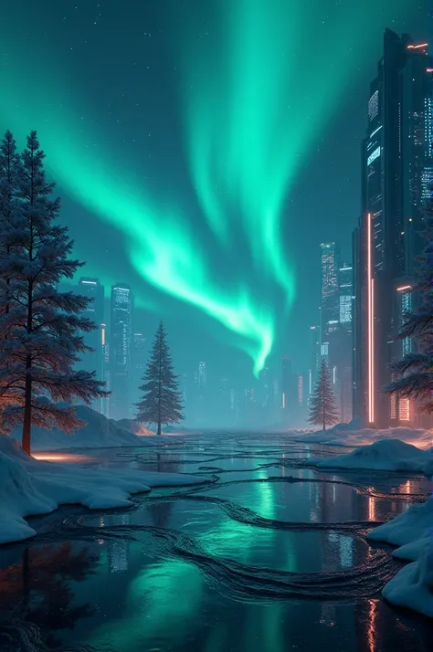 A dark theme image of northern lights with mix of digital and technology world for a ppt background 