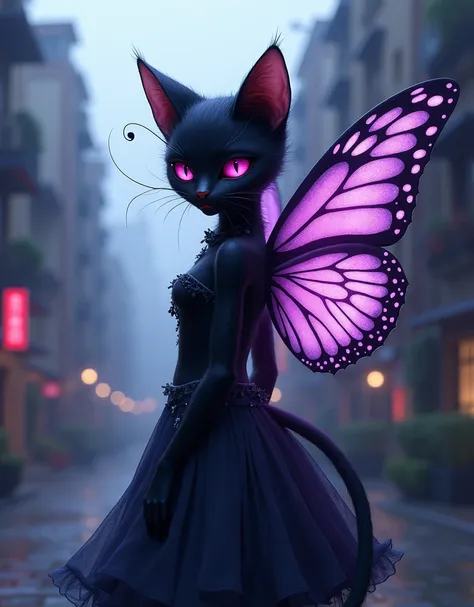 a black cat girl, butterfly wings, detailed face, intricate butterfly patterns, delicate features, shy expression, bright colors, fantasy, surreal, dreamlike, dramatic shadows, photorealistic, 8k, high quality, digital art, main color dark purple, secondar...