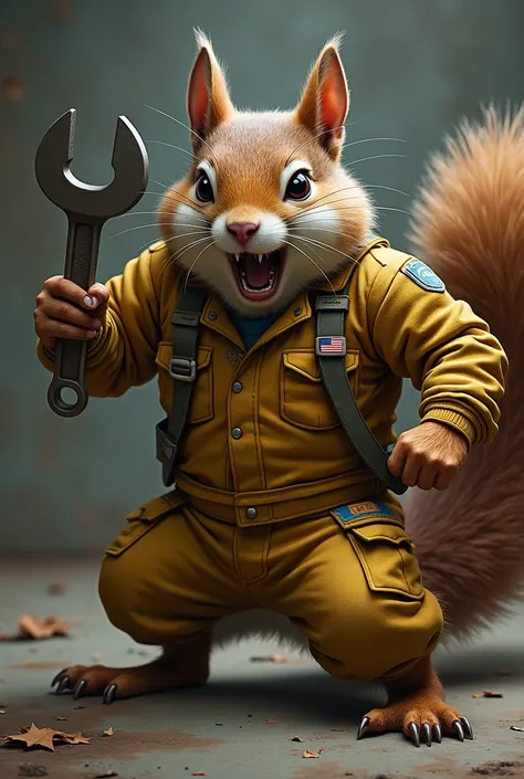 Create an art, strong and angry squirrel in Brazilian Navy operational overalls with an adjustable wrench.