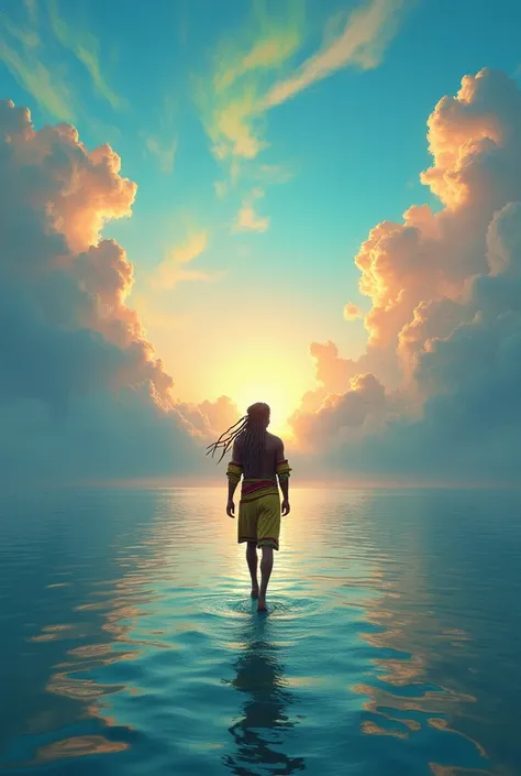 Sky and sea in a perfect surreal vision With a rasta walking Far away over the waters