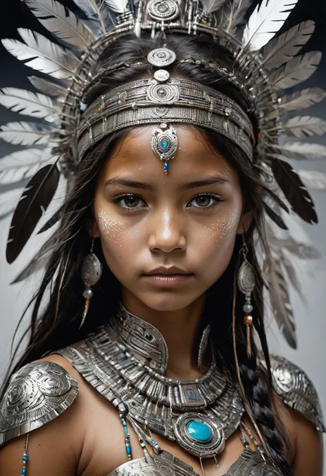 ultra-detailed artistic abstract beautiful indigenous warchild girl, Made from liquid metal, Stephen Gesell, highest quality, masterpiece, so beautiful, Perfect composition, Intricate details, Super detailed