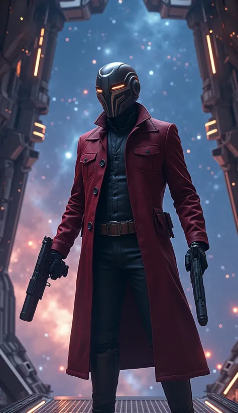 Star-Lord, wearing his iconic helmet and holding his blasters, standing confidently on the deck of a spaceship with the vast expanse of stars behind him. (Medium shot, frontal angle, cosmic lighting, adventurous and charismatic atmosphere).