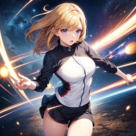 (masterpiece), best quality, expressive eyes, perfect face, perfect fingers, Very short outfit, female, dynamic, anime style, running through space at full speed