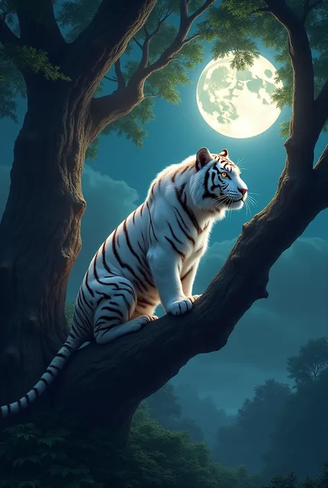 white tiger in a tree in the moonlight