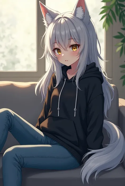 Anime, Demi-Human, Wolf, Long silver hair is a little messy, Gold eyes, white skin, wolf ears, Silver wolf tail, Black Long-sleeved hoodie and jeans pants, sit on the couch, 2