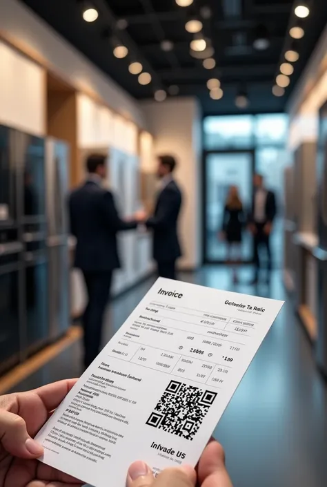 I want to create a scene that shows a home appliance store and that they are high quality products., where the company shows that the invoice reflects a QR code that contains valuable information about the guarantees.