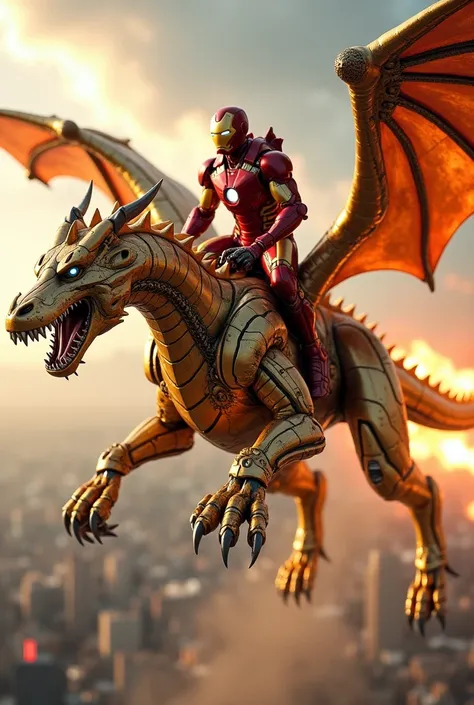 Iron Man rides a magnificent golden mechanical dragon, its scales gleaming with advanced technology. This dragon breathes fire and shoots energy blasts, mirroring Iron Man’s arsenal of weapons and tech. In ultimate beast mode, the dragons firepower is ampl...