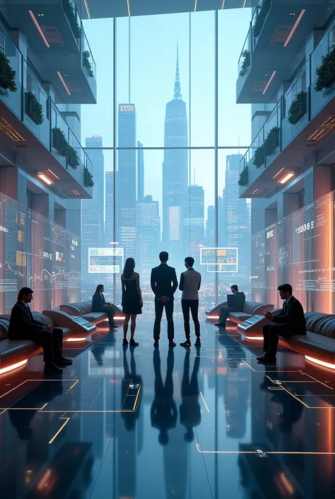 A group of successful young people dressed in modern and stylish clothes, surrounded by advanced technology such as holograms, floating financial charts, and futuristic screens. They are in a skyscraper with a panoramic view of a futuristic city. The image...