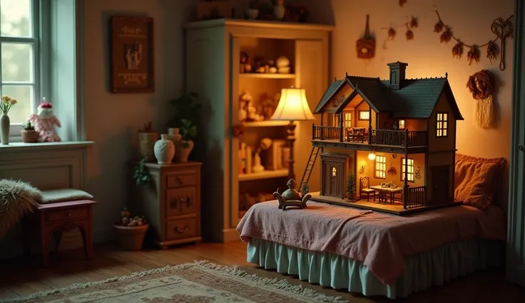 A child’s bedroom with warm lighting and cozy decorations. The cursed dollhouse is placed on a small table near the window. The intricate details of the miniature furniture and lifelike dolls are visible, with shadows subtly creeping in from the corners, h...