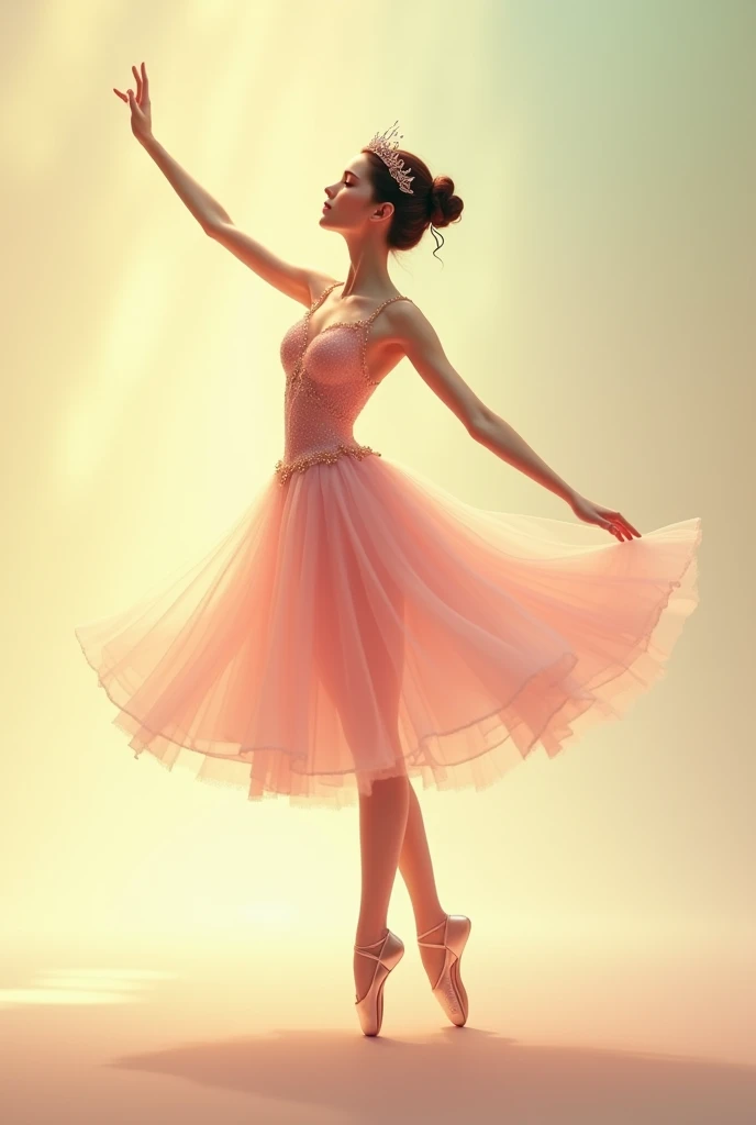 Create a stunning image of a ballerina gracefully dancing against a softly lit backdrop, using a color palette of gentle and harmonious hues. The ballerinas attire and the background should be in the following tones:

Dress and Accessories: The ballerinas ...