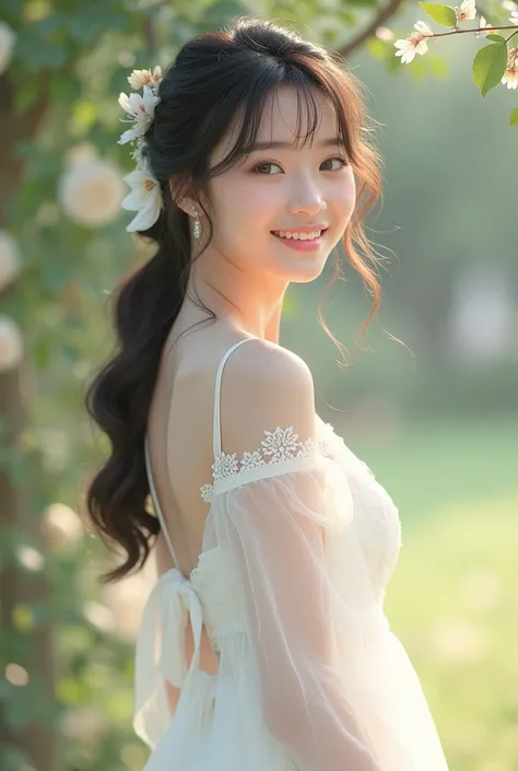 Picture a K-pop idol in a cute, white dress that features delicate lace details and a flattering A-line silhouette. The dress is knee-length, with a subtle bow tied at the back, adding a touch of charm. The outfit is complemented by soft, natural makeup an...