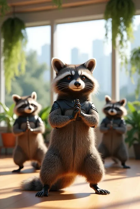 A group of beautiful sexy raccoons dressed in cybernetic suits doing Pilates., I lie on reformed . They are indoors, surrounded by large windows, which offer views of city buildings and trees outside the window. There are hanging plants in the room., there...