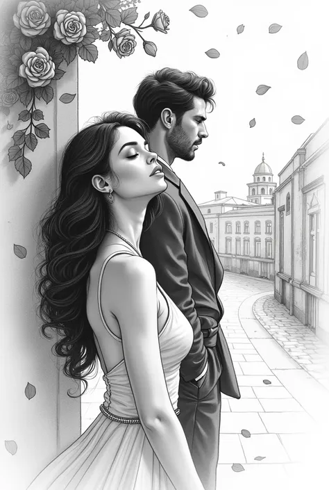 Black and white drawing of a woman with beautiful features and a masculine man with his back turned looking in profile in the background of an Italian city and falling roses. The drawing should be very simple and basic. 