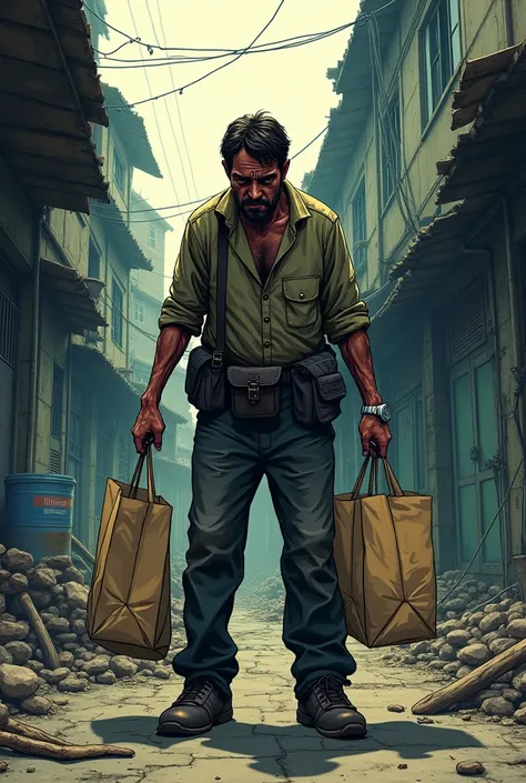 **Comic 2:**  
*supper: A worker in a slum, holding an empty shopping bag 

