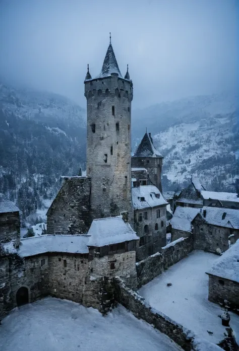 a photo of night landscape,a medieval village castle sitting on top of a snow covered mountain,black marble mountain,  by slava ...