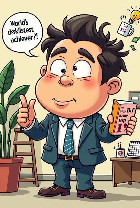 Create a character design in the style of Thai cartoonist Not Pornpol ("น็อต พรพล"):

- A quirky, exaggerated character with a large round head and 
- Wearing a business suit thats slightly too small, with a comically large tie
- Big, expressive eyes with ...