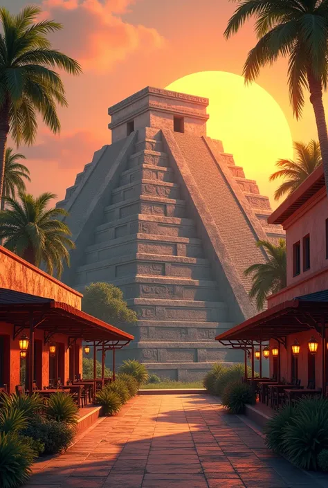 Create an image where an Aztec pyramid appears with a Mexican cafe and a sun behind it as if it were sunrise. 