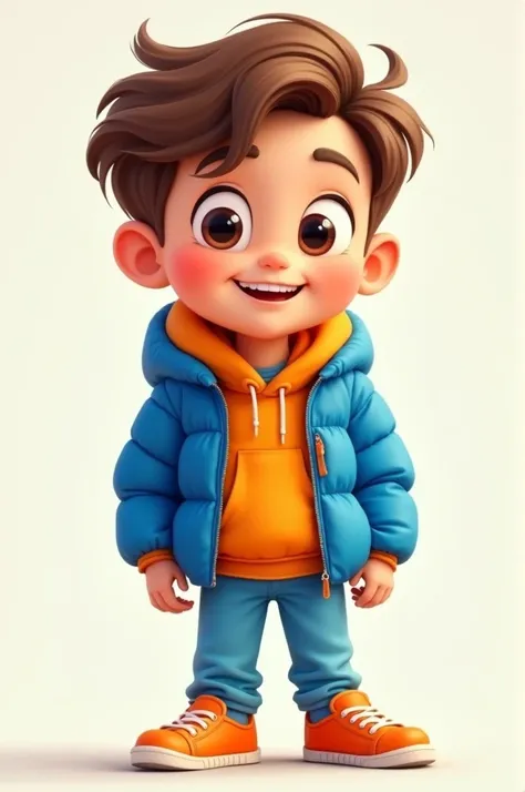 “A cute, cartoon-style boy character with big expressive eyes and light brown hair stands confidently. He’s wearing a bright blue puffy jacket over an orange hoodie, light blue pants, and matching orange sneakers. The character has a friendly and approacha...