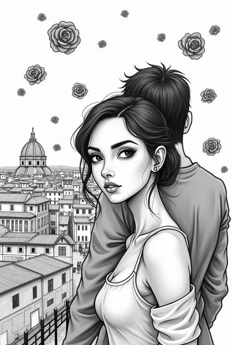 Black and white drawing of a woman with beautiful features and a masculine man from behind looking in profile in the background of an Italian city and falling roses. The drawing should be very simple and basic without so many details, simply a hand-made dr...