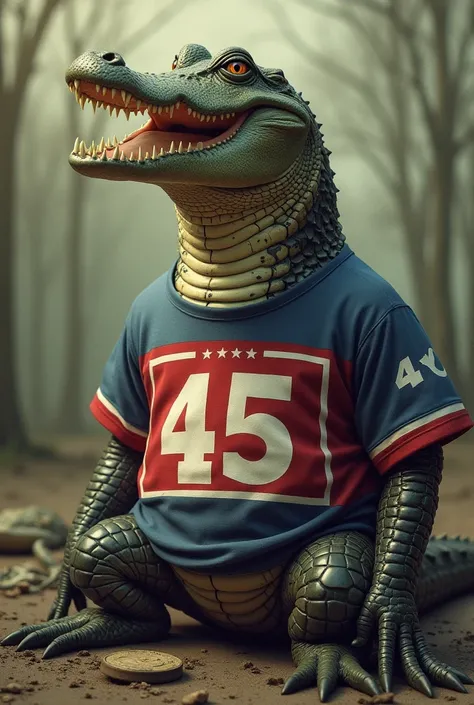 An alligator wearing a political campaign shirt with the number 45 printed on it. Background, put a frog "dead". It&#39;s a satire.