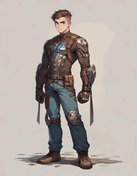 Human Male 23 Years, Brown pixie cut Side Hair Style  , blue pupils , Pants ,Full body ,Apocalypse outfit  ,