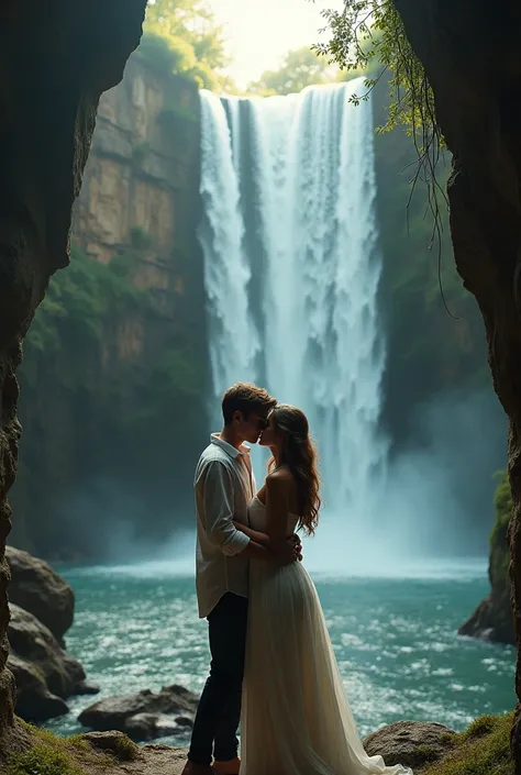 realistic photo: Couple aged 20 and 23 in a waterfall kissing from a distance, taken from a right angle but high up you can see high walls where the.cliff-like cliff