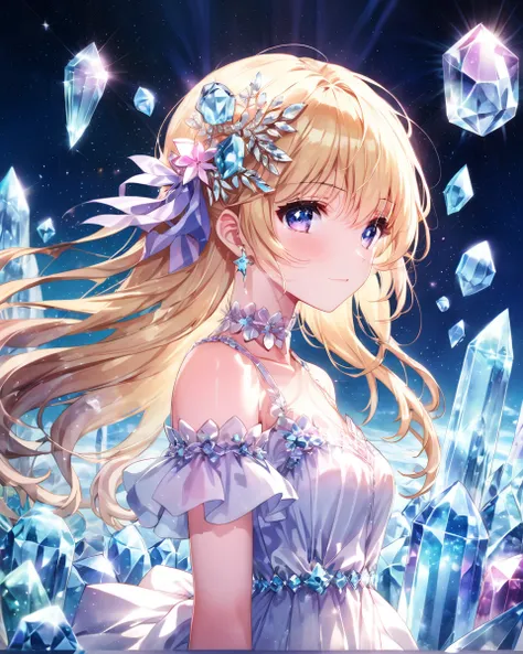 Anime artwork (((Crystal Texture Hair))),((Beautifully detailed glass hair)),((Textured hand in the shape of glass)),((crystallize texture body)),gem body,Hands as transparent as jewels,Crystallization of clothing,((crystal texture skin)),Shine,Lens flare,...