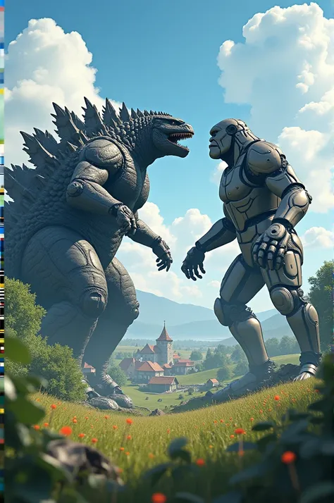 Robotic huge Godzilla standing against robotic huge king kong with village in the background