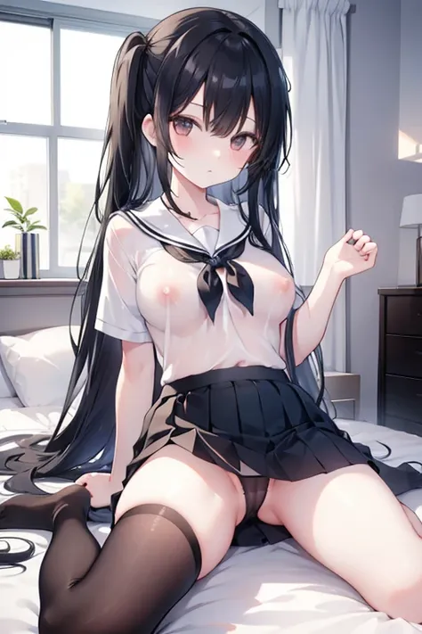 Girl with long black hair with ,in her room without a bra showing her inverted nipples, just wearing a schoolgirl skirt showing her black panties