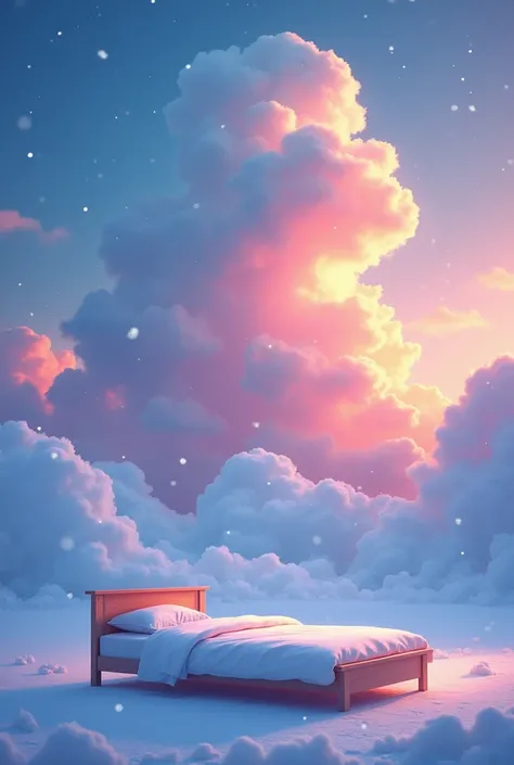 Ek colourful cloudes or snow fall ho raha ho upr se niche ek peaceful bed 