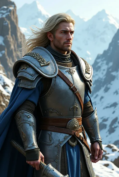 A male skyrim stormcloak with blonde hair but hes also a paladin from dnd he worships Talos he has a warhammer he is a young adult his accent color is blue