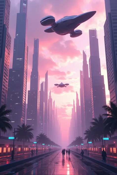 . "A futuristic cityscape with sleek skyscrapers and flying cars, set against a vibrant purple sky."
