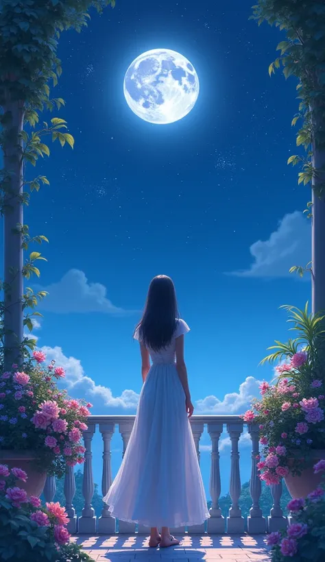 A girl wearing a beautiful long dress looks at the beauty of the moon from the top of the balcony, There should be many beautiful flowers on the right and left, the girls dress should be wide at the waist, there should be blue light, and there should be ma...