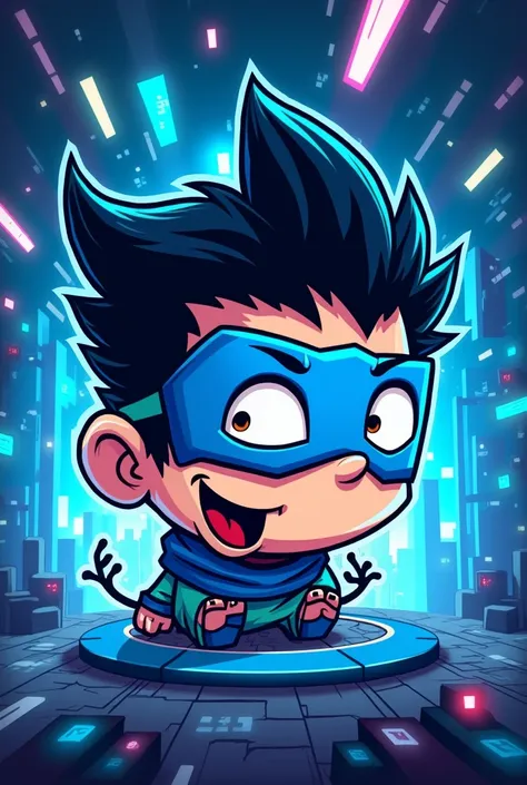 Create a logo character is cartoon and outfit blue mask and black hair background gaming type