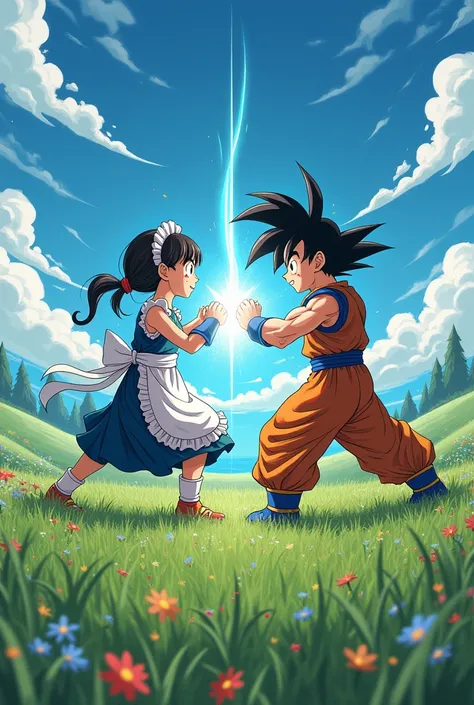 gohan in maid outfit fighting goku in a field both with bleeding clothes