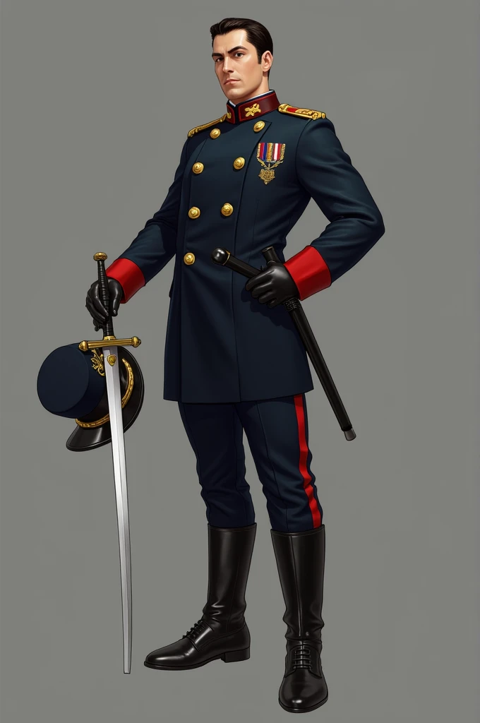 1. **position**: The character would stand with a firm and confident posture., similar to the second image. His arms might be crossed in front of his chest or one of them resting on a sword or saber..

2. **outfit**:
   - **Militar jacket**: The character ...