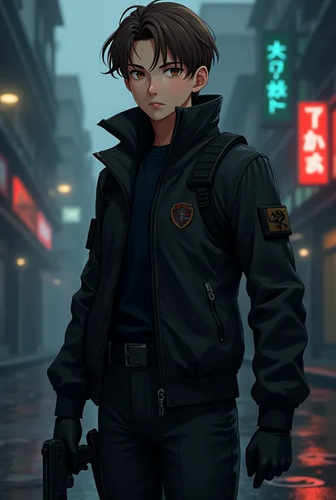 a well built anime boy with brown hair and hazel eyes, wearing black  spy gear