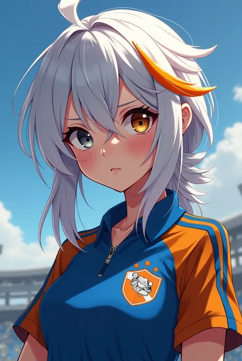 Anime woman with white hair with orange highlights, His eyes one grey and the other brown, soccer player,high, 17 years of the Blue Lock
 
