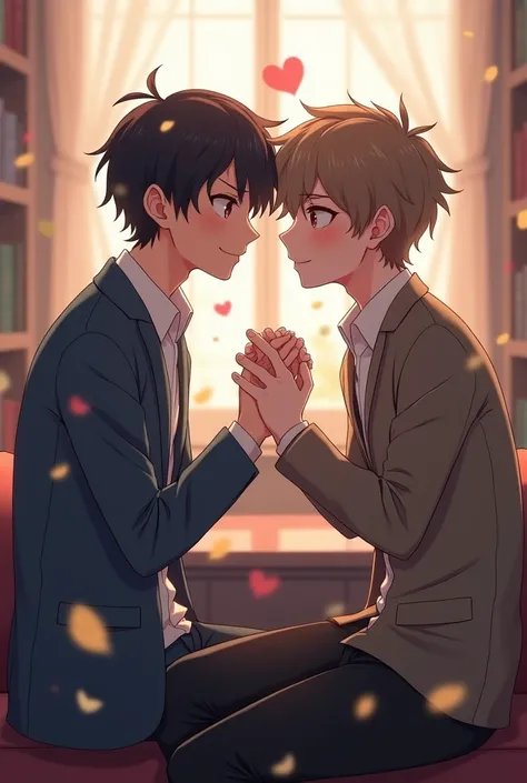 Male math assistants secretly being a couple in an anime style
