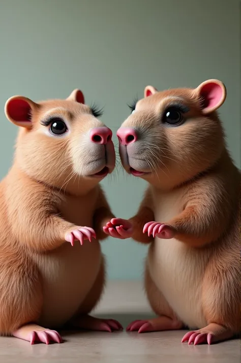 Botoxed mouth capybaras with pink gel nails and fake eyelashes, gossiping