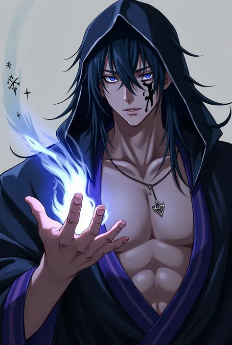 (Very beautiful 8K wallpaper), a medium photo of a man alone with long dark blue hair, 2, strong body, small nose, white pupil color, with a black mark of flames on his face, wearing a black kimono with purple stripes semi-torn on the side of one of the ch...