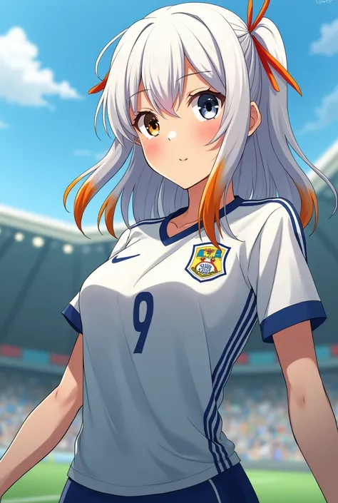 Anime woman with white hair with orange highlights, His eyes one grey and the other brown, soccer player,high, 17 years of the Blue Lock, gentle
 
