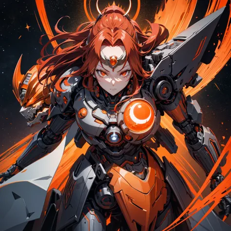 Anime style adult woman long red hair,  with orange eyes too, On her head she has a helmet that looks like a crown, her body is mechanical, her belly has exposed skin, her armor is red with gray and black around it, there are orange crystals forming a half...