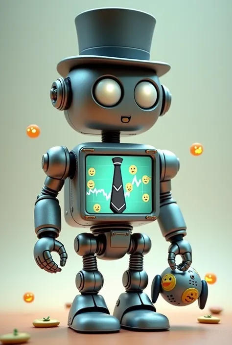 A humanoid robot with a comical and friendly appearance, with a metallic body but details like an elegant hat and a funny tie. It has a screen on its chest that displays emojis and fluctuating financial charts in an exaggerated manner.. The character is al...