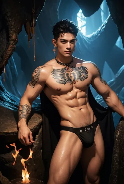 a vast dragons lair hidden deep within a mountain, the walls of the cave are covered in glowing runes, the air is thick with the heat from dragons breath, fire everywhere, a strikingly tall handsome muscular young man, focus on the man, beautiful detailed ...