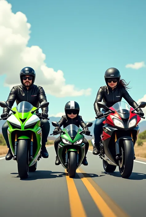 Une famille de 3 personnes, 1 homme , 1 femme et un enfant de 2 ans. Chacun sur une moto, pour lhomme une zx6r verte et blanche, pour la femme une ninka 650 noir et rouge et pour lenfant une moto kawaski enfant. 

De plus chaque personne est equipe dun cas...