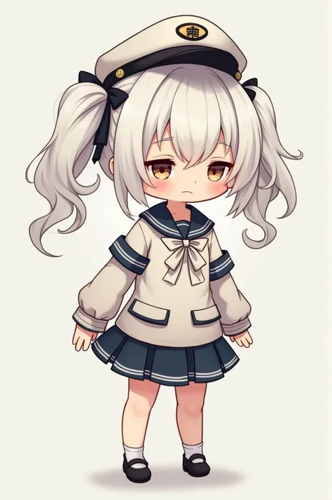 An avatar, White pigtail hair with some black highlights.
A captain&#39;s hat on the side A cute tired face A flared mini skirt And a long sleeve blouse with a white bow in the middle 