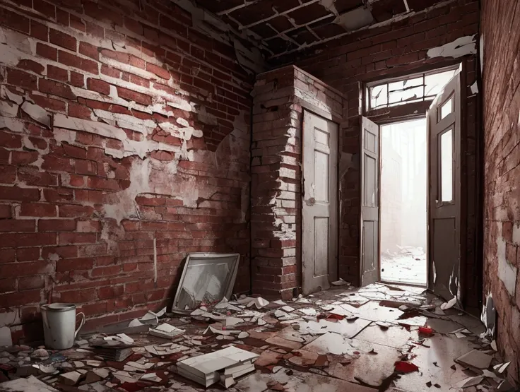 Shabby red brick walls, peeling plaster, a broken wooden door through which a cloudy sky can be seen. Broken windows covered with cobwebs let in dim light, illuminating dusty objects. Glass fragments and garbage are scattered on the floor. An atmosphere of...