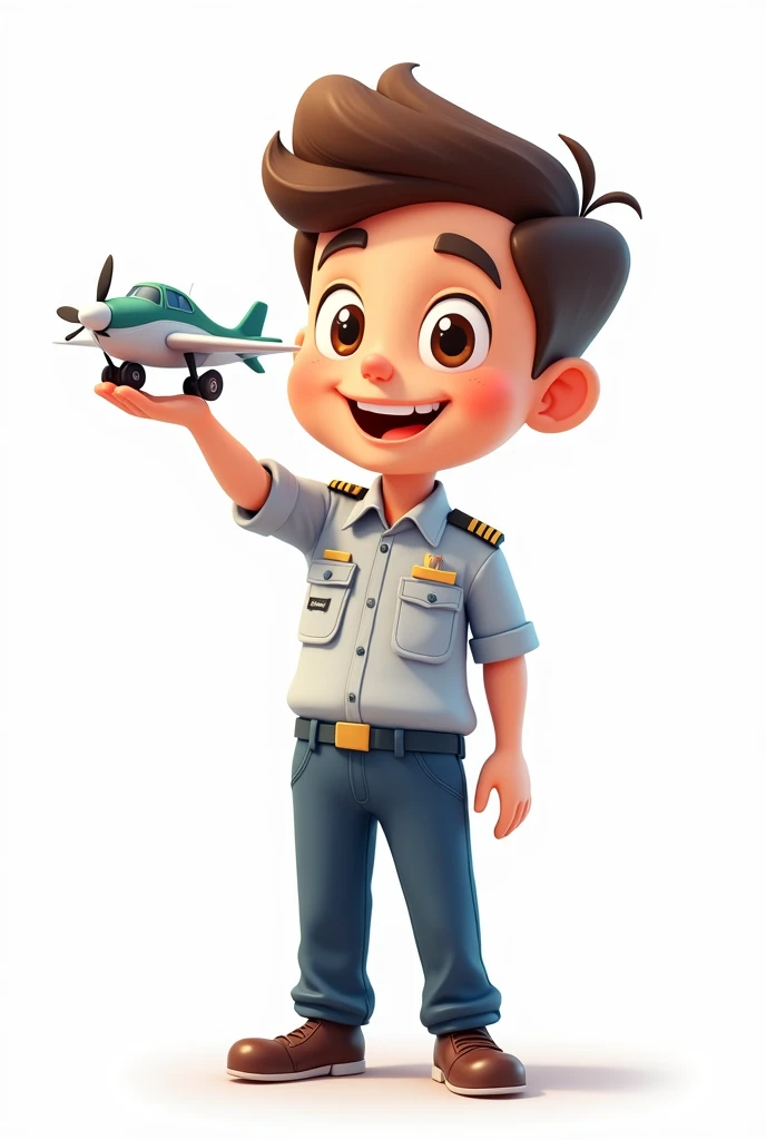 Cartoon cute pilot (a man not a kid) with a cute face holding an airplane toy on his hand on white background