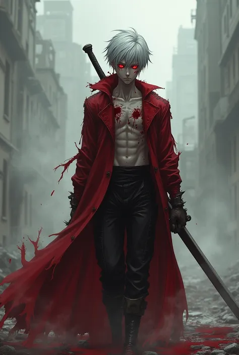  Boy anime Solo,wearing a tattered red cloak as if he had just been through a battle,White skin,red eyes flash,desolate surroundings,hand on sword hilt behind back, there is smoke coming out all around,expressionless face darkened,muscular body is coming,f...